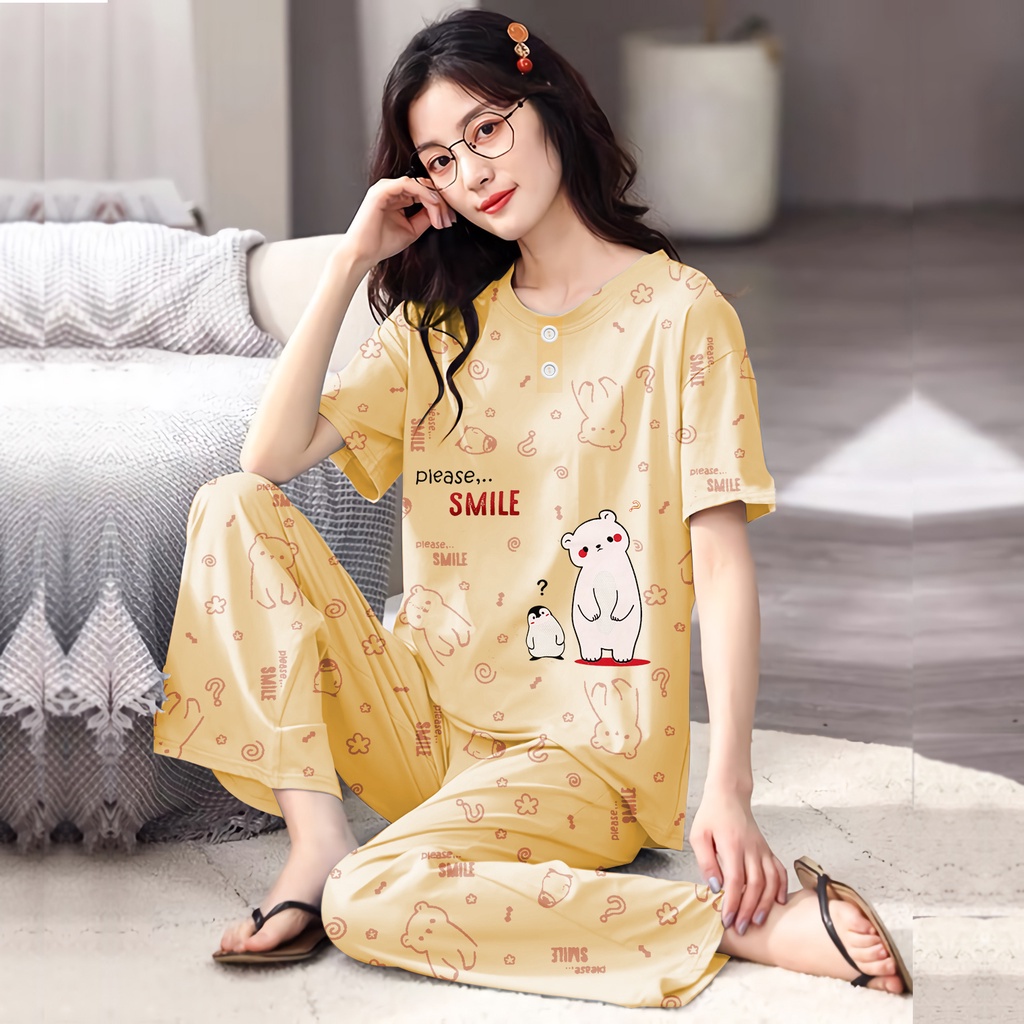 Lilipop.id  Baju Tidur Wanita CP Penguin Setelan Piyama BabyDoll Kaos Celana Panjang