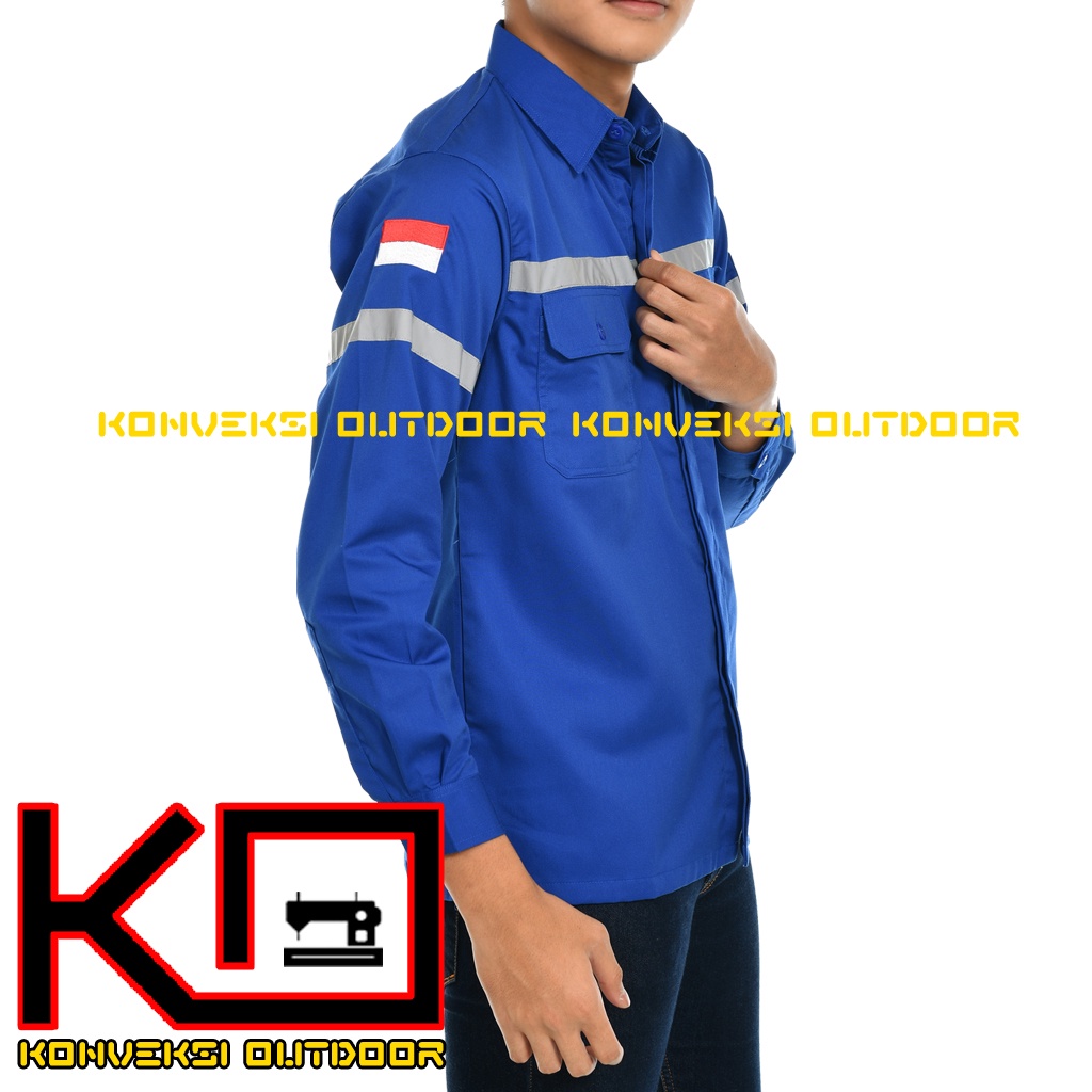 Kemeja Safety Pria Lengan Panjang - Pakaian Kerja Baju Proyek Wearpack Safety K3 Lapangan Outdoor Scotlite Indonesia Tebal Tambang Listrik Mekanik Teknisi Mesin Bangunan Werpack Driver Operator PLN Intalasi Listrik Enginer Teknik Sipil Kilang Warna Biru