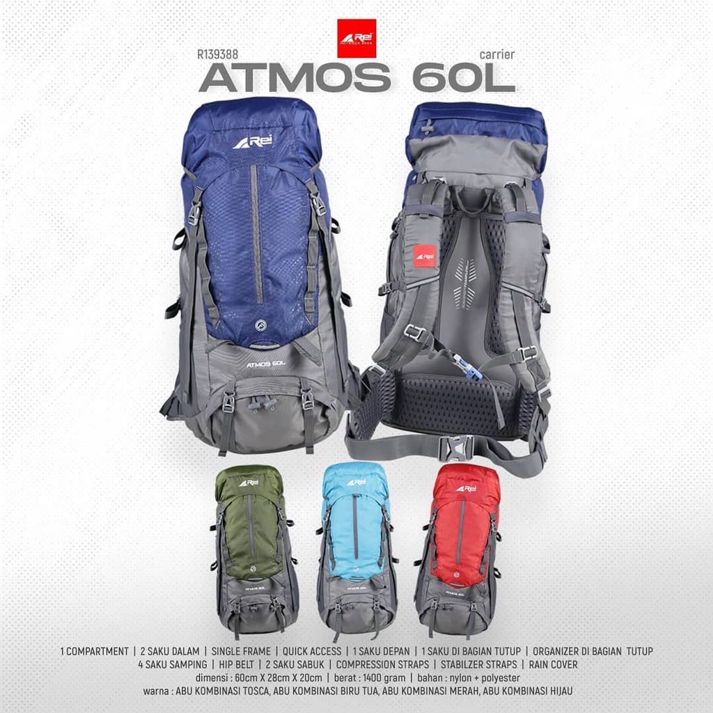 TAS CARRIER AREI ATMOS 40L 60L 80L BONUS COVERBAG | TAS GUNUNG KERIR REI OUTDOOR 40 60 80 LITER FREE