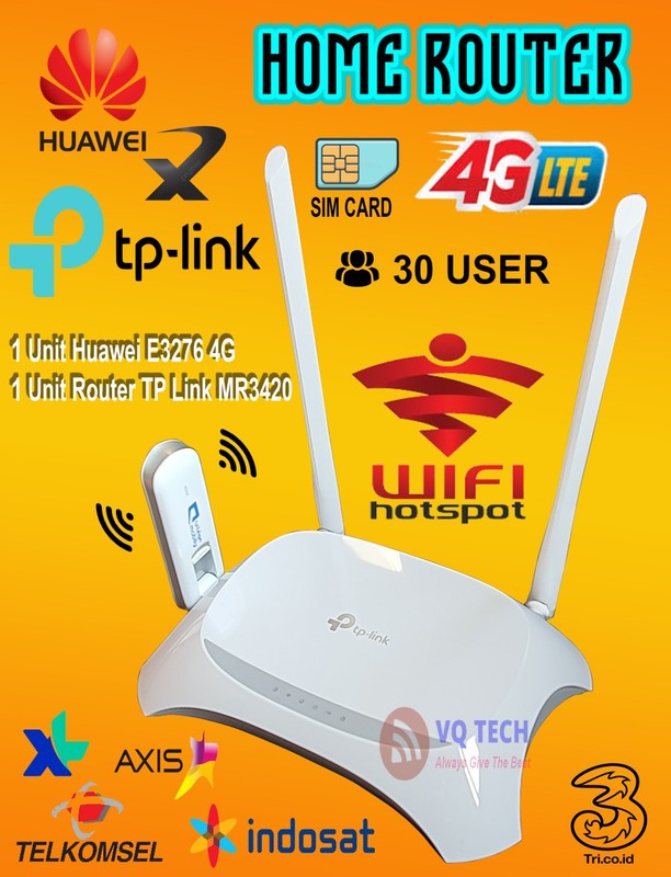 Paket Hotspot TP-LINK TL-MR3420 + Modem Huawei E3276 Modem Wifi