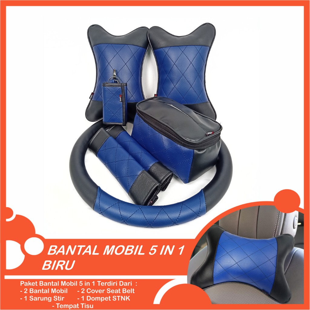 Set Bantal Mobil 5 in 1 Premium Bantal Leher Cover Stir Seatbelt Tempat Tisu Free Dompet STNK