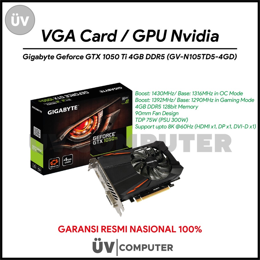 VGA Card Nvidia Gigabyte Geforce GTX 1050 Ti 4GB DDR5 GTX1050 1050ti