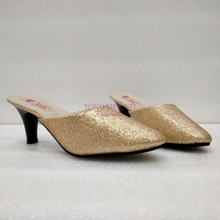 Selop Pengantin Wanita Emas Silver Hak Heels 7 cm