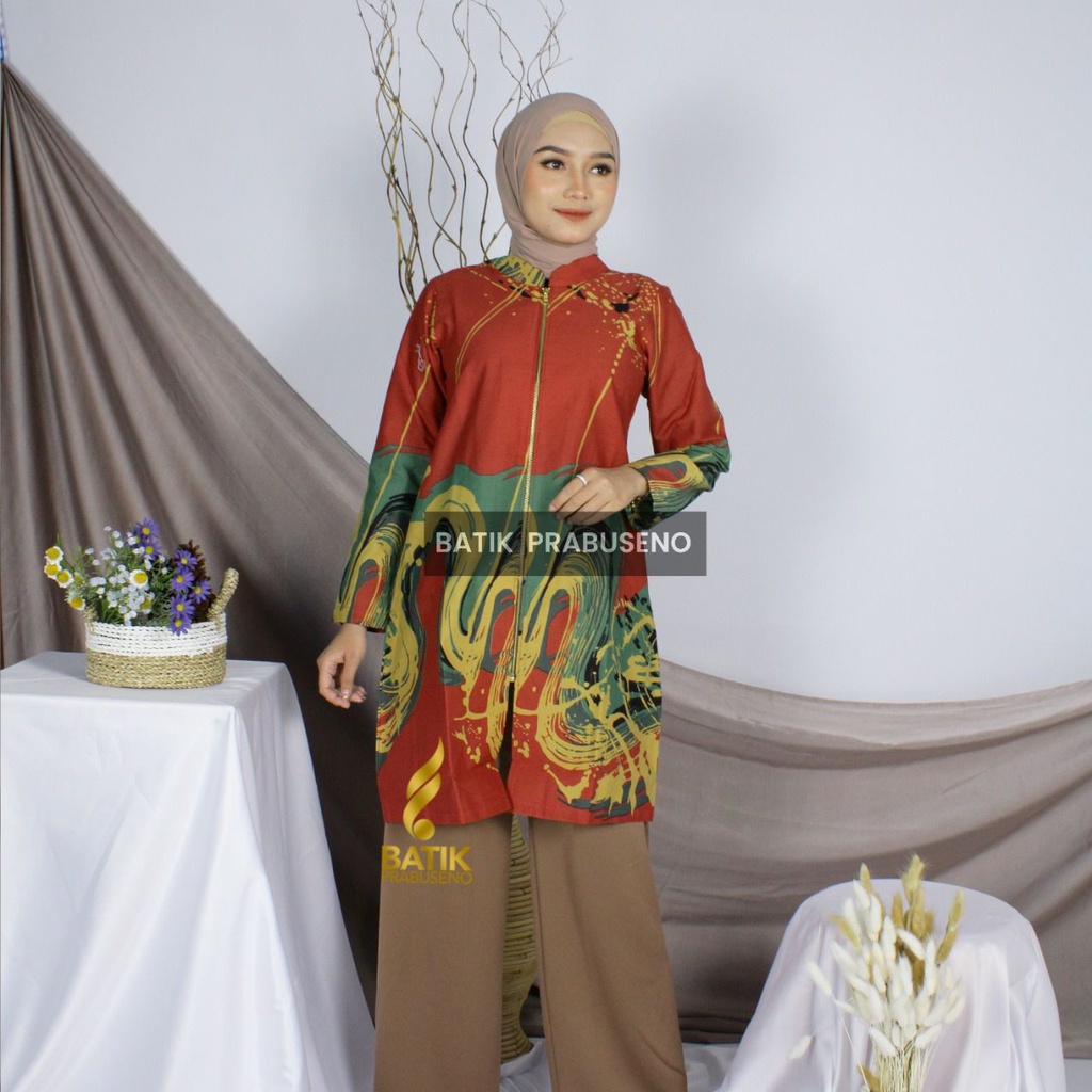 BATIK PRABUSENO TUNIK PAMELLA MERAH ATASAN BAJU BATIK WANITA PRABUSENO / ATASAN WANITA / TUNIK WANIT