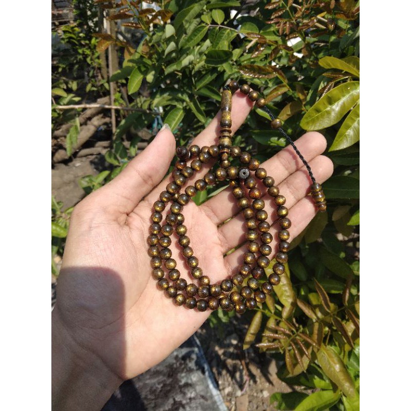 Tasbih akar bahar tali arus dim 5mm isi 99 butir warna serat kuning emas berkualitas murah