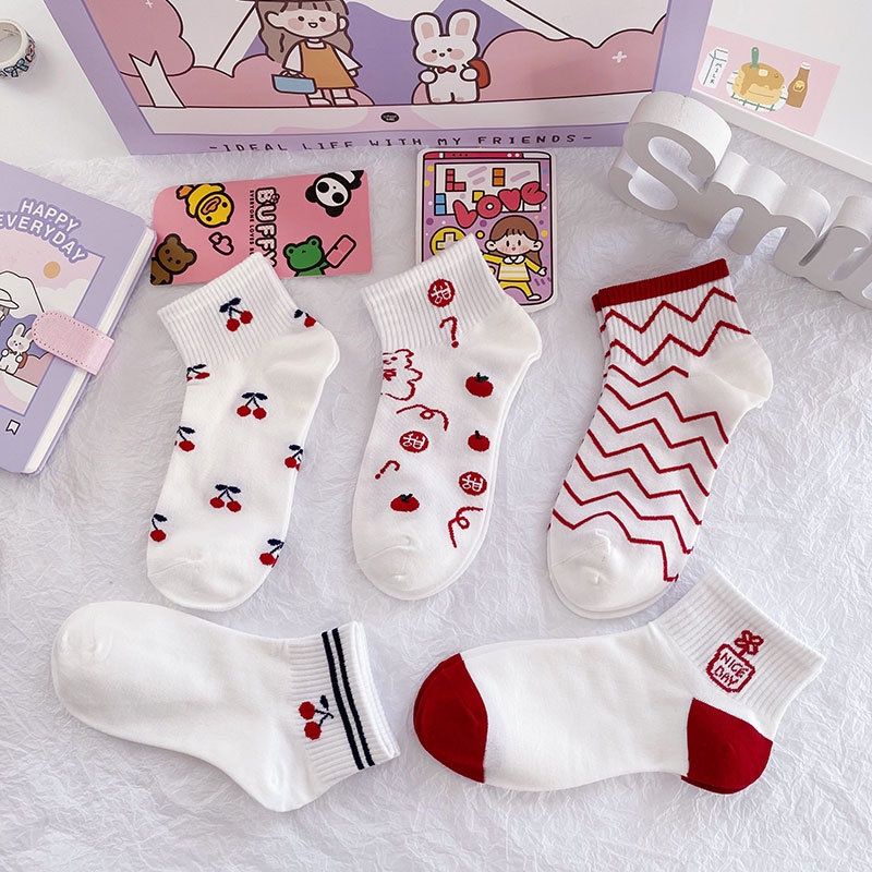 [COD] Kaos Kaki Pendek Import Cute Motif Ceri Merah Cute Import Ala Korea Kaos Kaki Pendek Semata kaki Ankle Sock