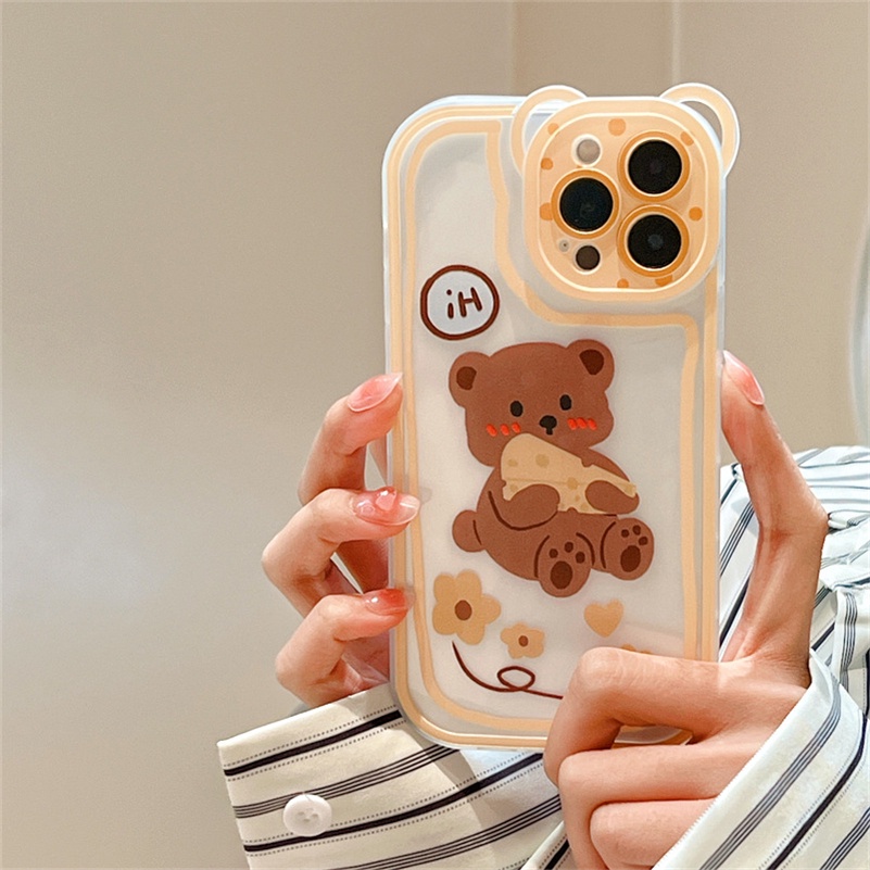 Soft Case Silikon Motif Beruang Keju Untuk Compatible for iPhone 14 13 12 11 Pro Max X Xr Xs Max iPhone 8 7 6 6s Plus SE 2020 Cheese Bear Clear Phone Case Bear Lens All-Inclusive Silicone Shockproof Anti-fall Phone Cover