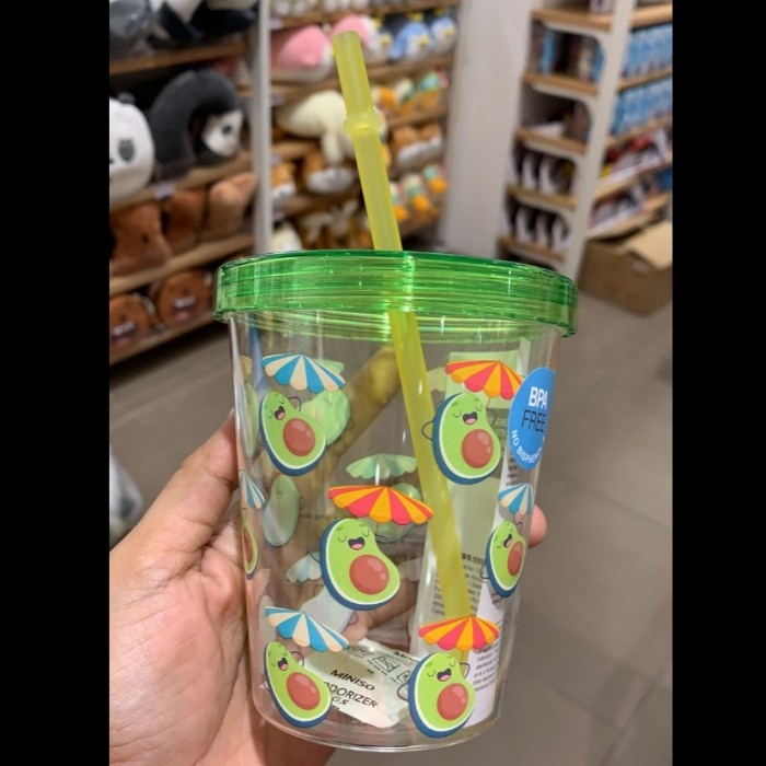 Miniso Fruit Plastic Water Bottle Straw 400ml Avocado Botol Minum