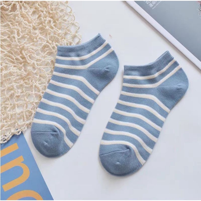 [ COD ] Kaos Kaki Wanita Pria Motif Kotak Catur Garis Polos Simple New Fashion Korean Style Socks Breathable Gaya Korea / Kaos Kaki Pendek Unkle Sock-Garis Biru