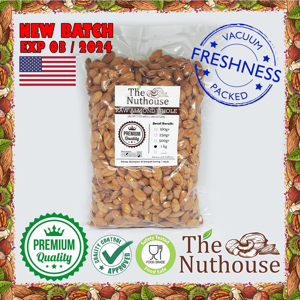 1kg Almond Whole Premium RAW / MENTAH NPX 27/30 [Kacang Almond Utuh]