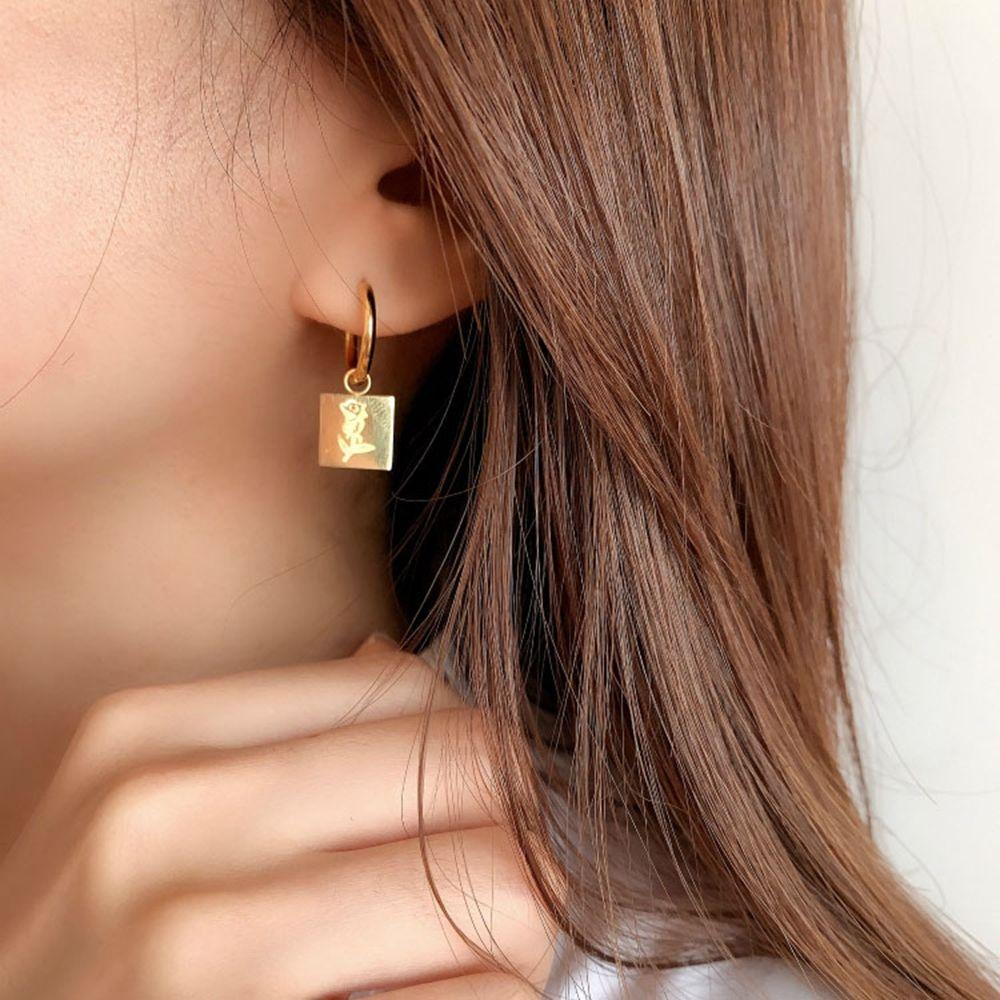 Needway Anting Bunga Gadis Manis Geometri Telinga Gesper Rose Logam Persegi Gaya Korea Earrings