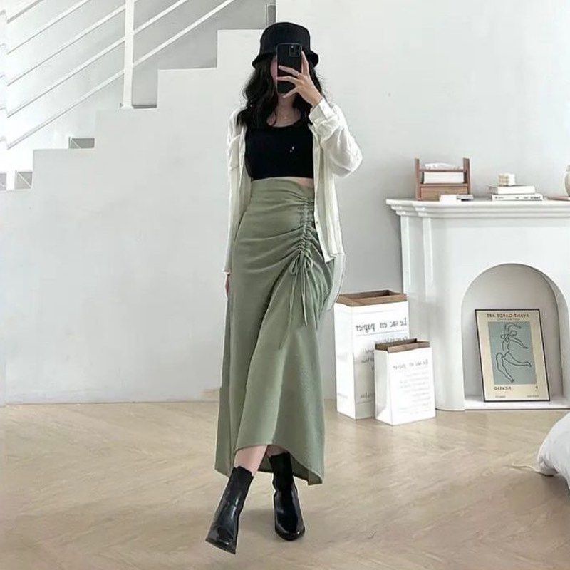 Tamara Skirt - Rok Serut Casual Flowy - Midi Maxi Ruched Skirt - Rok Wanita Korean Style