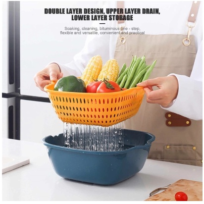 Keranjang Saringan Wadah Cuci Buah Sayur 2 Layer / Baskom Set Tempat Tirisan Sayuran Double Layers / Portable Hanging Drain Basket