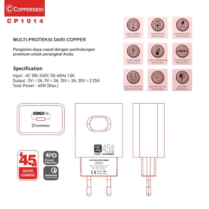 COPPER CP1014 Charger QC+PD 45W Super Fast Charging