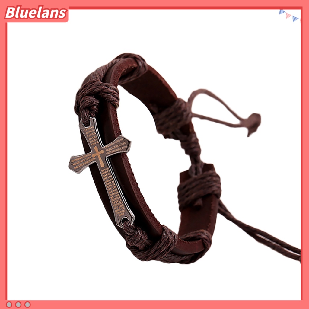 Bluelans Retro Punk Faux Leather Rope Alloy Cross Bible Scriptures Men Adjustable Bracelet