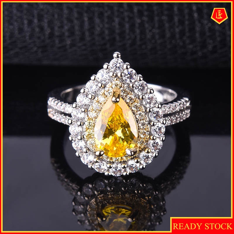 [Ready Stock]Inlaid Drop-Shaped Citrine Ring Luxury Full Diamond