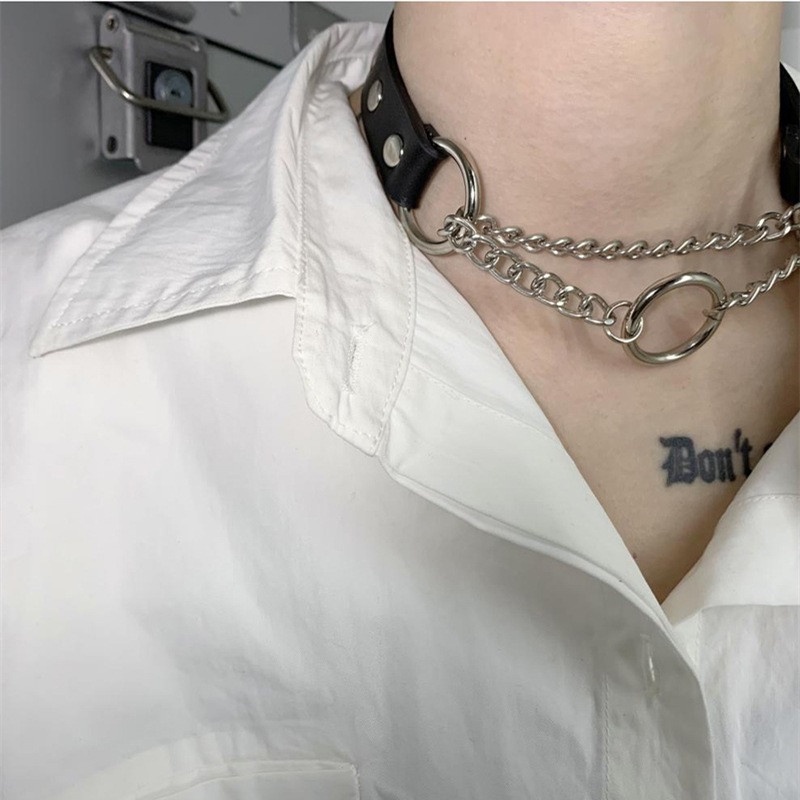 [ACKER] Harajuku Punk Rock Gothic Sexy PU Kulit Jantung Bulat Spike Rivet Kerah Kalung Kalung Tubuh 100% Perhiasan Buatan Tangan Hadiah Pesta