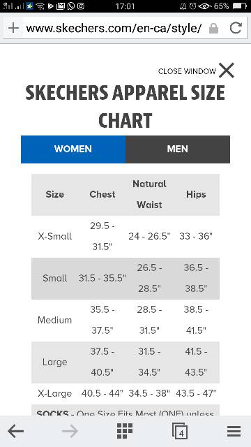 skechers pants size chart