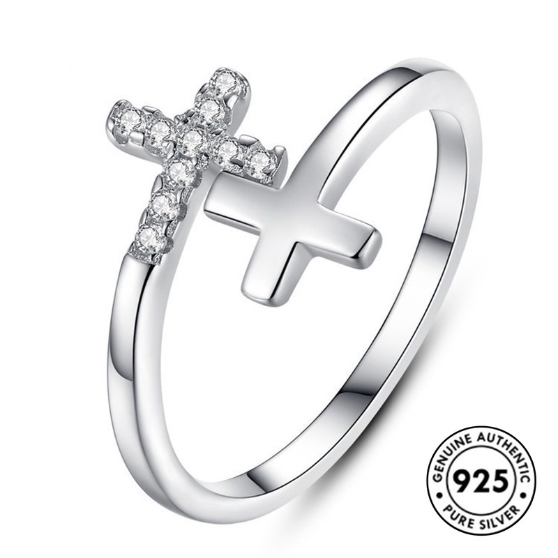Cincin Model Lapis Ganda Aksen Berlian Bahan S925 Silver