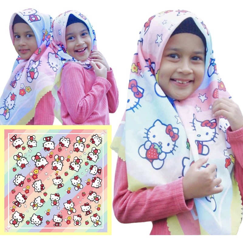 VOAL PRINTING ANAK MOTIF HELLOKITTY RAINBOW / HIJAB ANAK LUCU / JILBAB ANAK KARAKTER