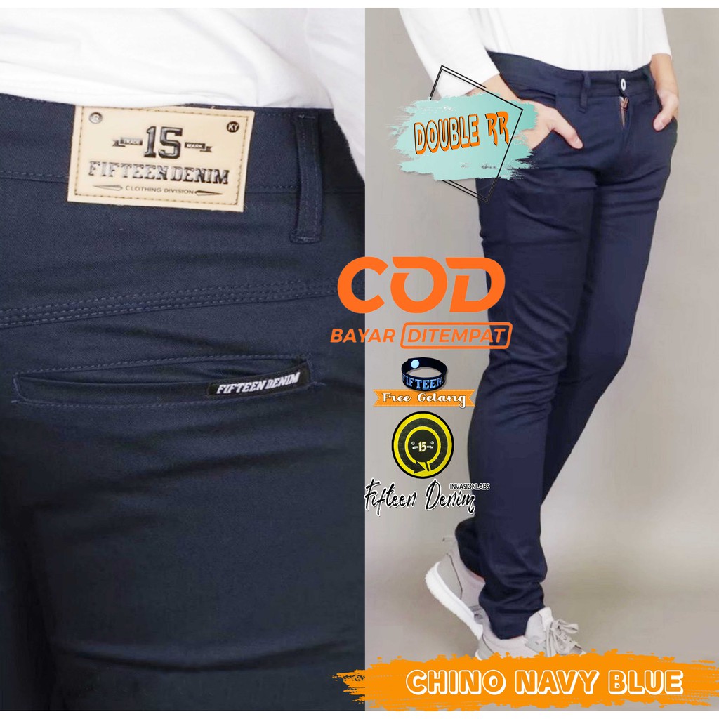 CELANA PRIA CHINO NAVY Slim fit Panjang Pria Kerja kantor Santai Liburan Cowok Original Fifteen Denim