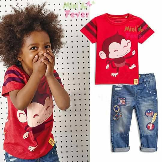 Baju Setelan Anak Cowok Cewek Impor motif Monkey Monyet Celana Panjang Jeans