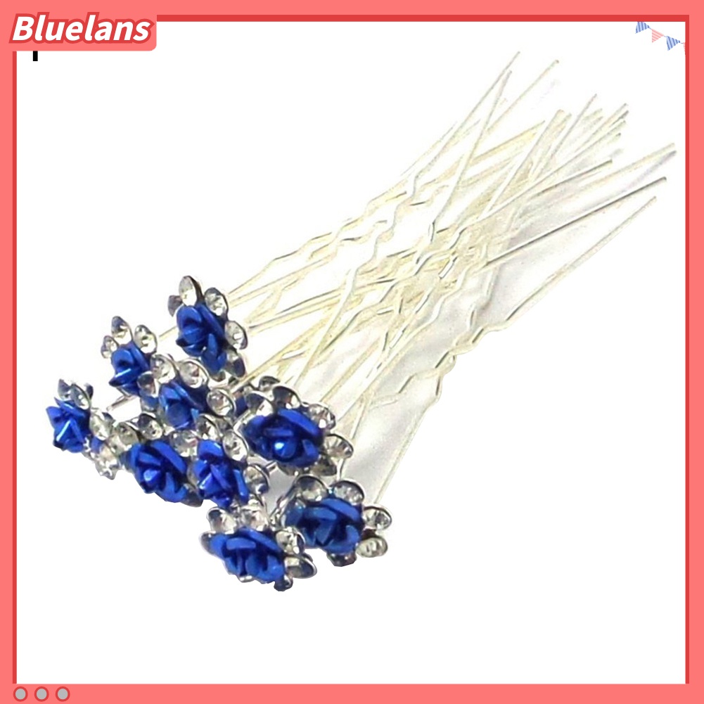 Bluelans 10pcs Jepit Rambut Bentuk Bunga Mawar Lapis Silver Aksen Berlian Imitasi Untuk Wanita