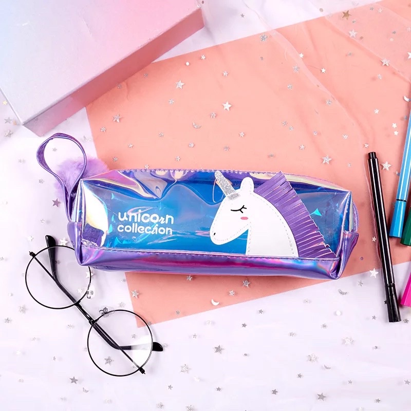TEMPAT PENSIL DOMPET PENSIL METALIK UNICORN - PENCIL CASE METALLIC SHINY 3D TRANSPARANT CLEAR / KOTAK PENSIL KUDA PONY / TEMPAT PENSIL ANAK