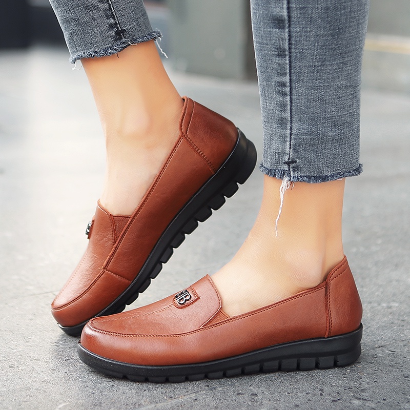 QINGSHUI Sepatu Wanita Flat Loafer Kulit Kasual Fashion Wanita Sepatu Kerja Nyaman