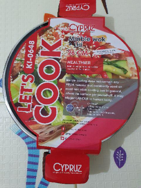 Ki0648 Cypruz 26cm Kuali Marble With Lid Induksi Wok Tutup Kaca