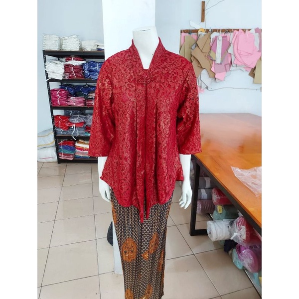 (BrL110) Kebaya floy BROKAT GLITTER & FOIL EMAS 7/8 lurus jumbo KeroncongBusana-Maroon, FOIL