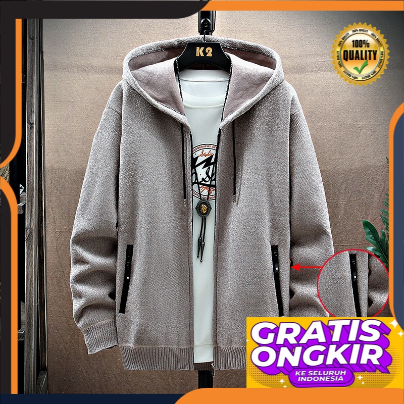 Pria Rajutan Cardigan     Korea Fashion Beludru Berkerudung Sweter Trendi Tampan Sweter Mantel