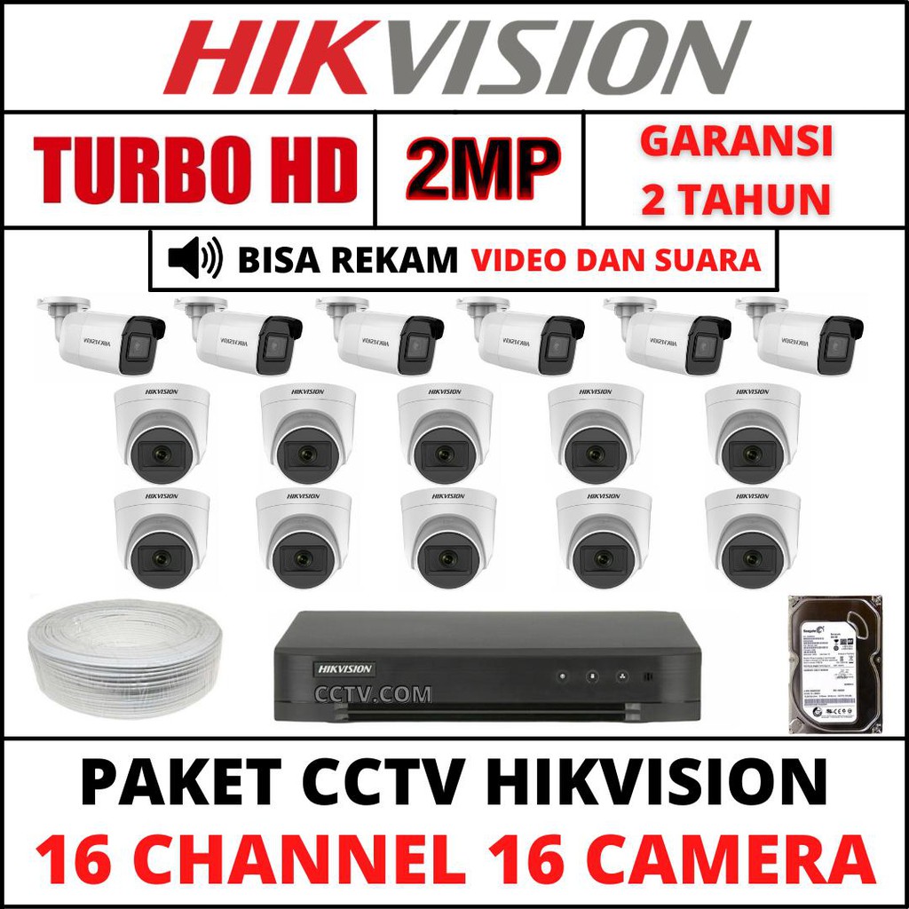 PAKET CCTV HIKVISION 16 CHANNEL 16 KAMERA 2MP TURBO HD/AUDIO SERIES  1080P KOMPLIT TINGGAL PASANG