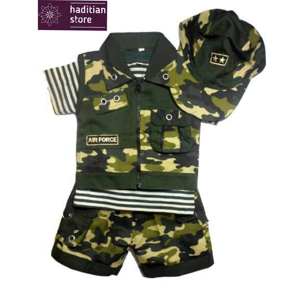 Baju Bayi kostum Anak Cowok Setelan Tentara Army Rompi dan Topi