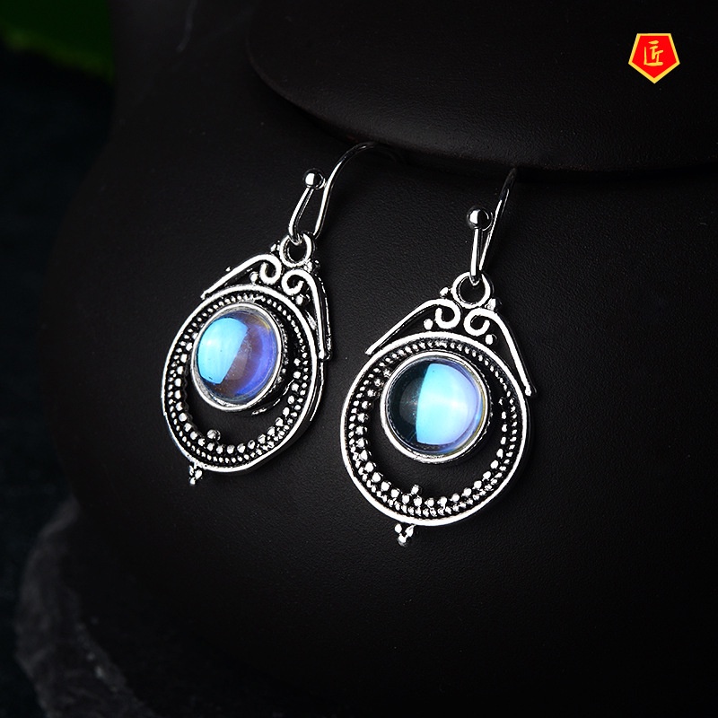 [Ready Stock]Retro Silver Moonstone Earrings Women's