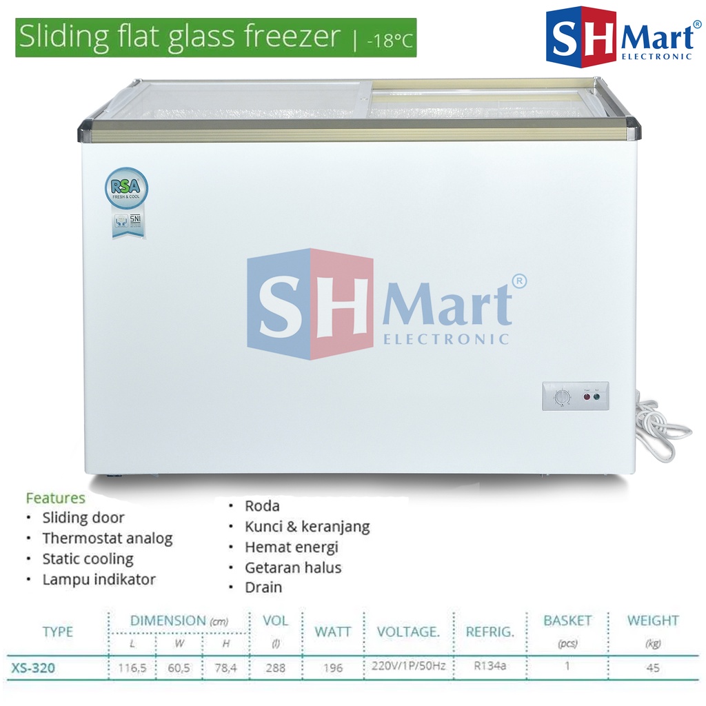 CHEST FREEZER RSA SLIDING KACA FREEZER BOX XS-110 XS-200 XS-320 GARANSI RESMI (MEDAN)