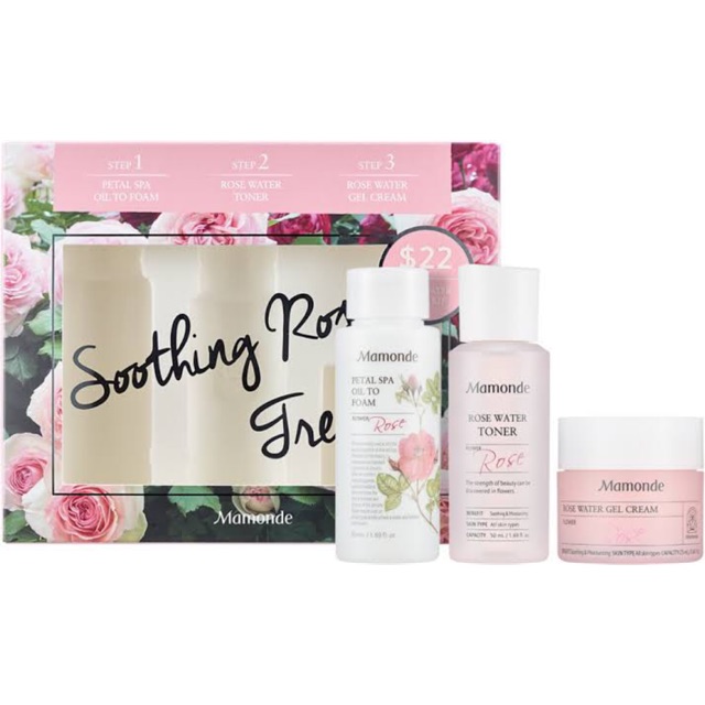 Mamonde Rose Trial Kit Soothing Rose Greats (Petal Spa Oil To Foam, Rose Water Toner, Gel Cream)