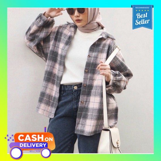 Kemeja Korea Korean Terbaru Kotak Kotak Wanita Cewek Kekinian Hem Jumbo Oversize Kimberly Flanel Shi