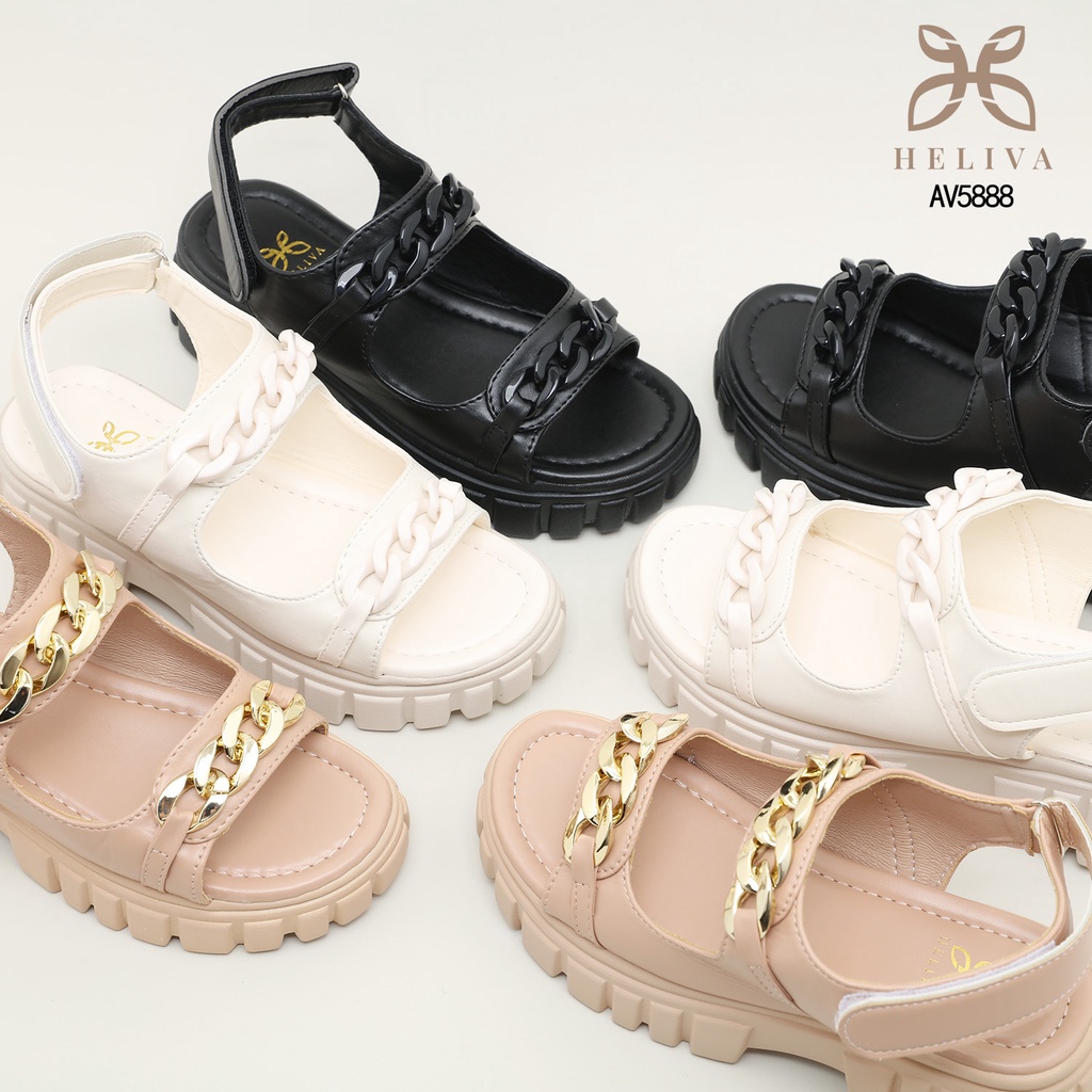 HELIVA JENNY Sepatu Wedges Sol 5,5cm Sedang Sling Back Double Chain Rantai Bahan Kulit HV5888 Original Brand