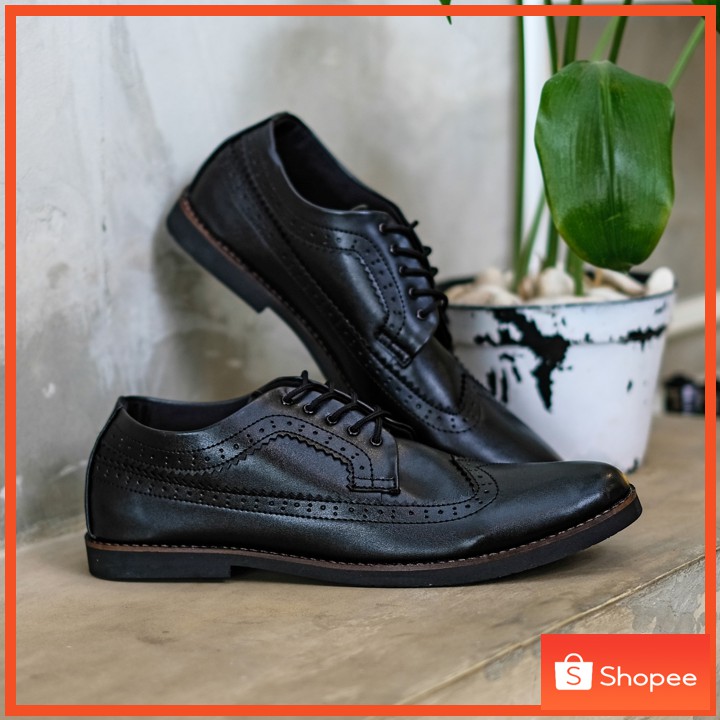 Longwing Black - Sepatu Pantofel Pria Kulit Formal Kantor Kasual Kerja Kuliah Oxford - Pantopel