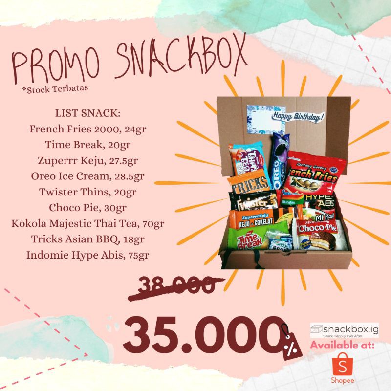

SNACKBOX MURAH UNTUK HADIAH WISUDA, ULANG TAHUN, ANNIV, DLL