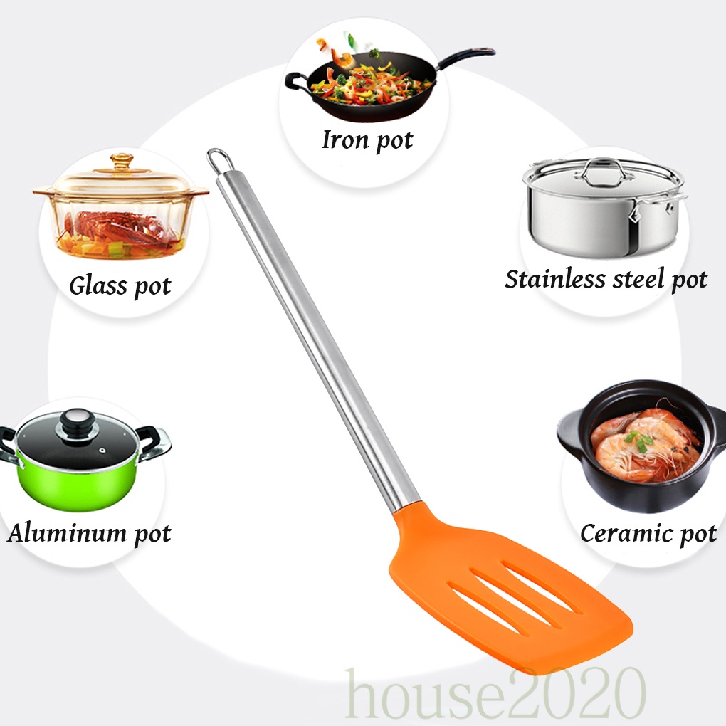 (House2020) Spatula Slotted Turner Bahan Silikon Flexible Warna Oranye