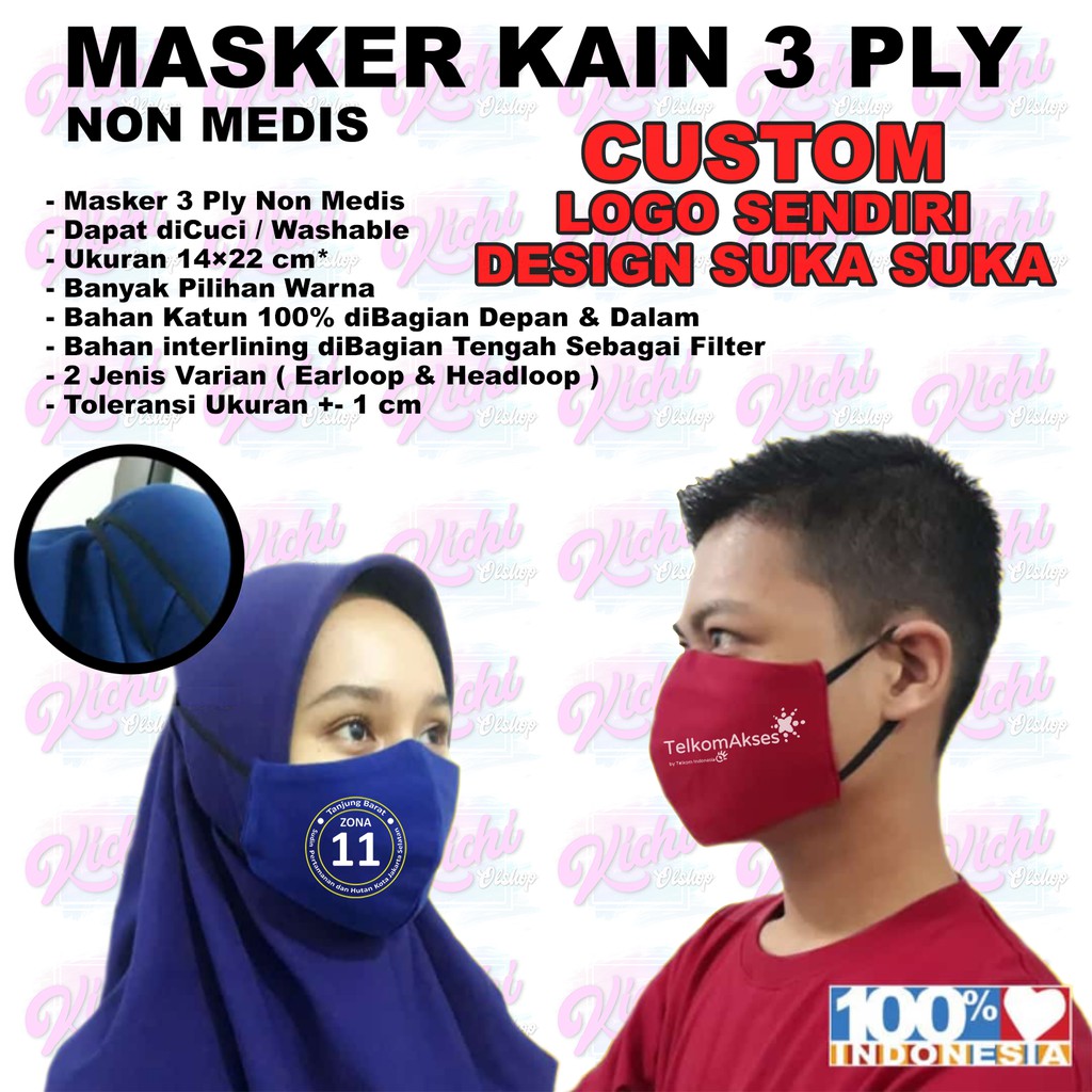 MASKER KAIN 3 PLY, CUSTOM LOGO SENDIRI DESIGN SUKA-SUKA (SATUAN/LUSINAN/BANYAKAN LEBIH MURAH)