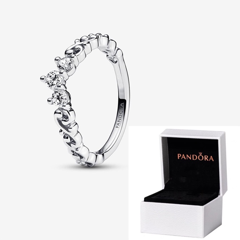 Pandora Cincin Sterling Silver 925 Desain Mahkota Hias Kristal Kubik Zirconia Mewah Berkilau Untuk Wanita