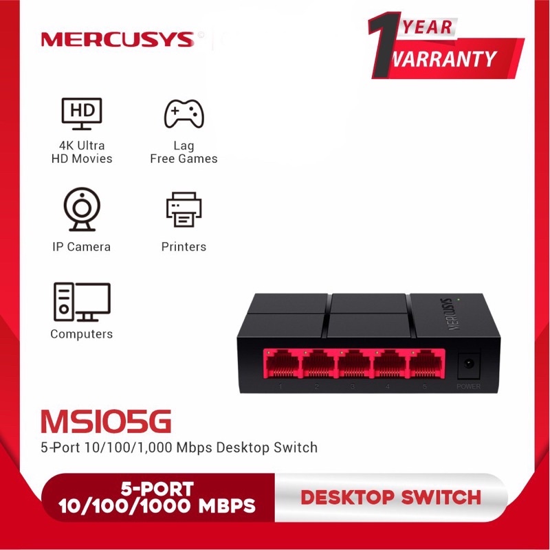 Mercusys MS105G HUB Switch 5-Port 10/100/1000Mbps 5PTOS/RJ45/PLUG and Play Desktop Switch