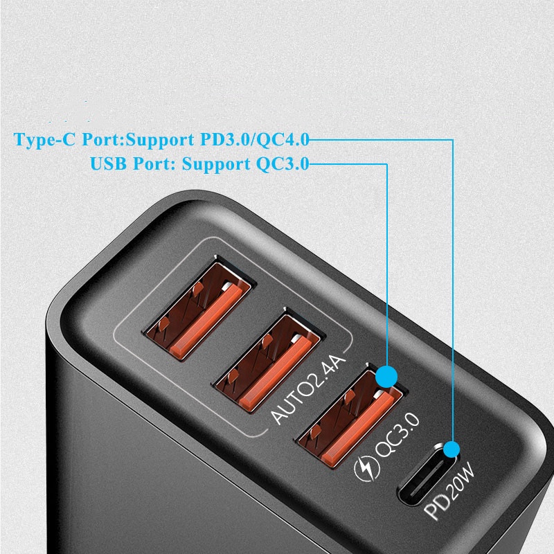 Adapter Charger Dinding 4 Port USB C PD US / EU Plug Untuk iPhone / Android