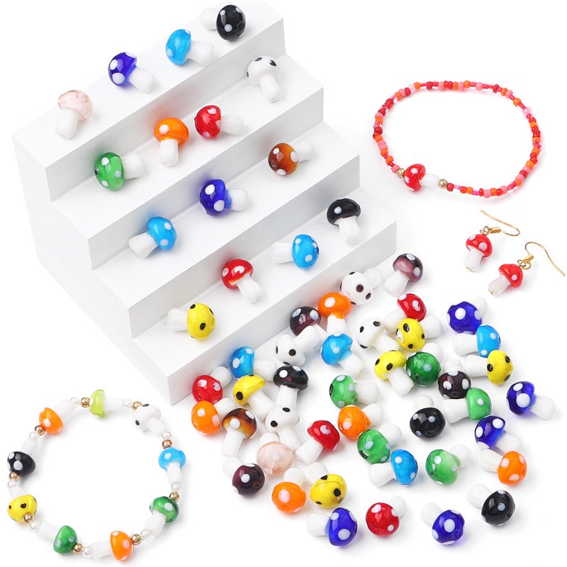 20 Pcs Manikmanik Jamur Kaca Warna Campur Ukuran 10x12mm Untuk Manik-manik Glaze Bentuk Jamur Untuk Membuat Perhiasan Kalung Anting DIY