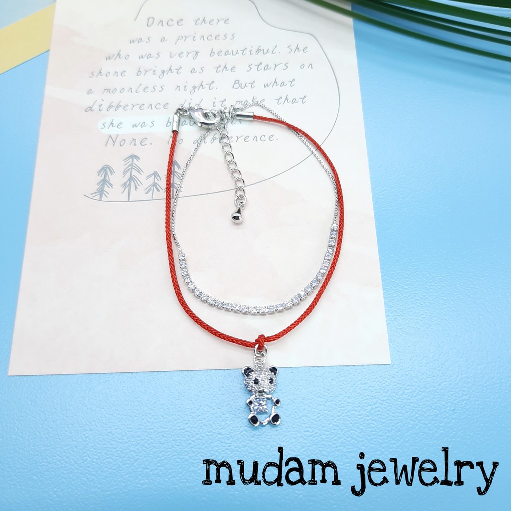 Gelang Tali Merah dan Serut Model Tali Teddy Bear Dengan Mata Zirkon Baris Plated 18K