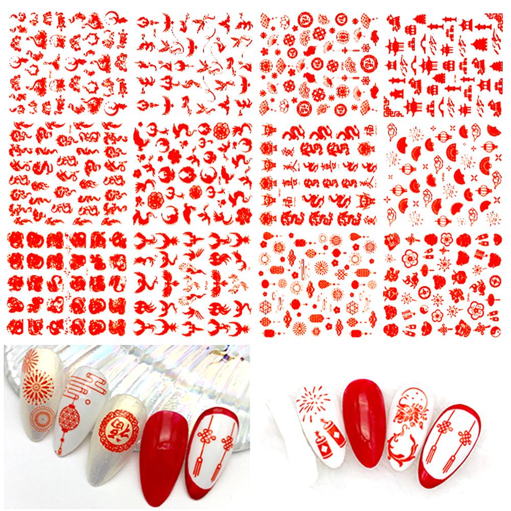 AUGUSTINA Agustina Nail Art Dekorasi Merah Perekat Diri Decal Gaya Cina Naga Phoenix Decals