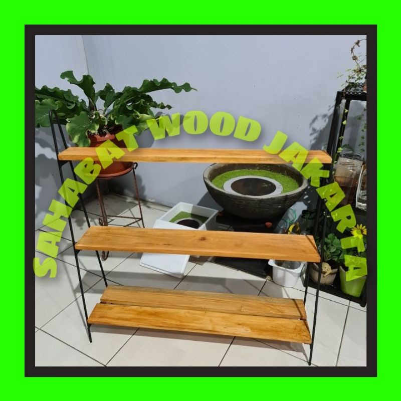 Rak susun Besi kayu rak bunga besi kayu 3 susun minimalis tempat dekorasi taman rumah Rak besi/ Rak 